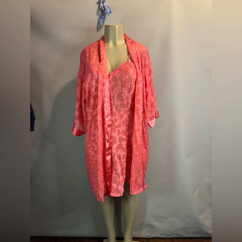 VTG Inner Most Sheer Slip Dress Chemise With Cover Night Gown Orange Floral Sz M